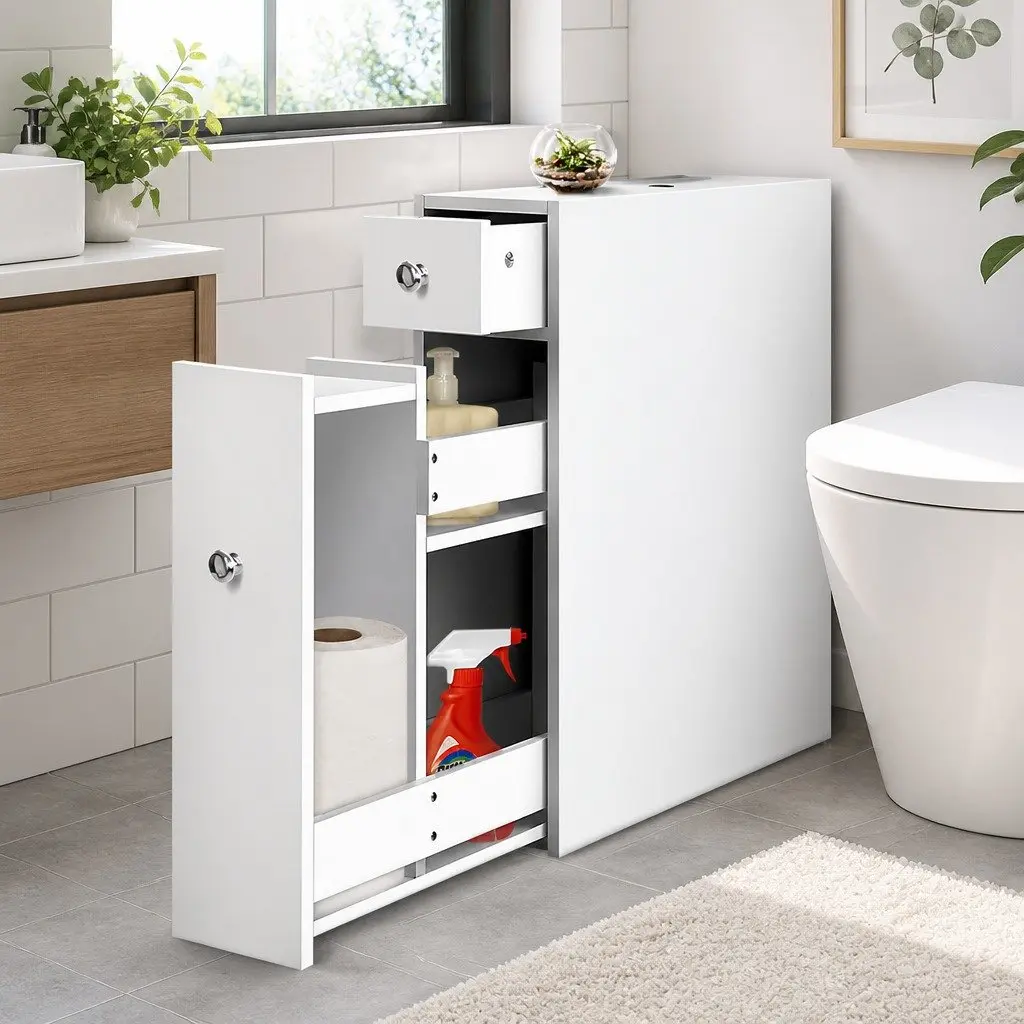 Bathroom Storage Cabinet White Toilet Caddy Tissue Holder Space-Saving