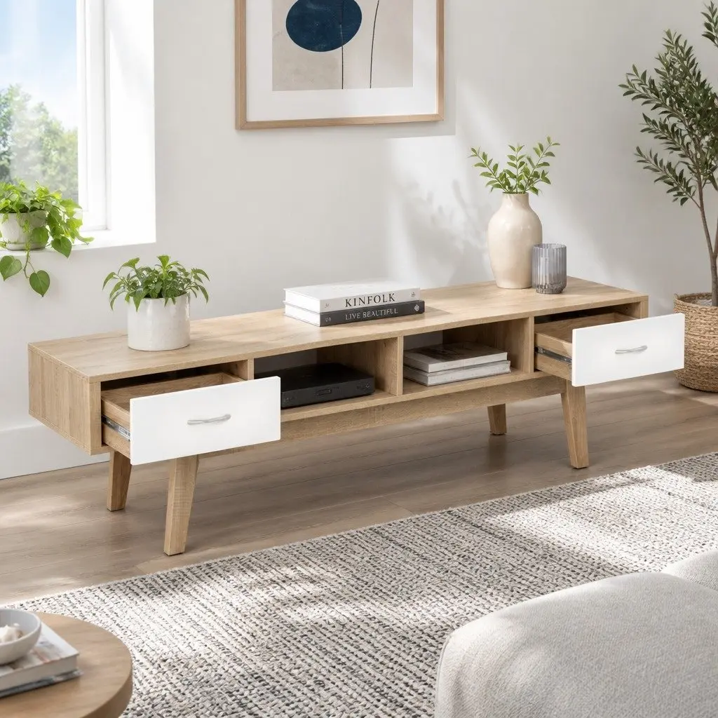 TV Cabinet Entertainment Unit 180cm Oak White Two-Tone Living Room Storage