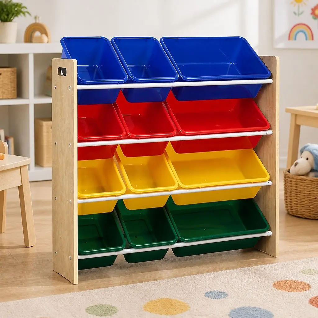 Kids Toy Box Storage Rack Walnut 4 Tier 12 Bins Organiser