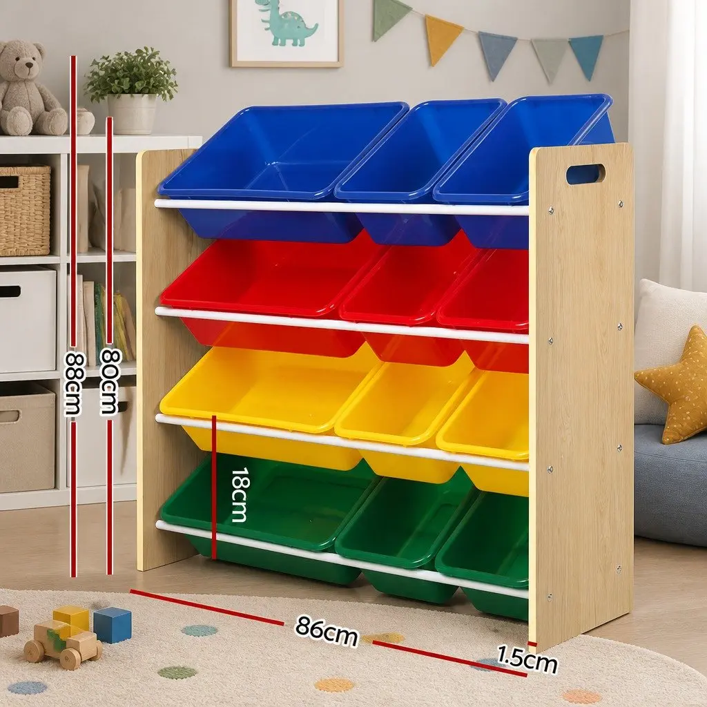 Kids Toy Box Storage Rack Walnut 4 Tier 12 Bins Organiser