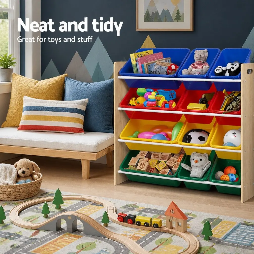 Kids Toy Box Storage Rack Walnut 4 Tier 12 Bins Organiser