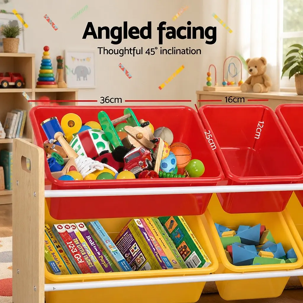 Kids Toy Box Storage Rack Walnut 4 Tier 12 Bins Organiser