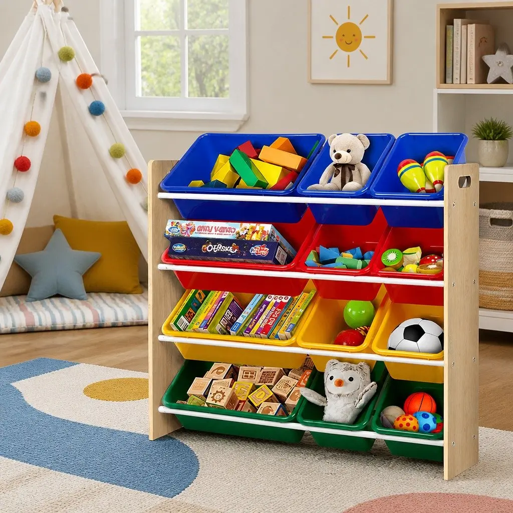 Kids Toy Box Storage Rack Walnut 4 Tier 12 Bins Organiser