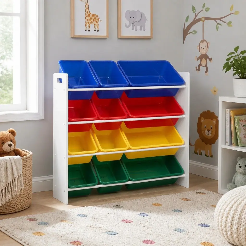 Kids Toy Box Storage Organiser Colourful 4-Tier Rack with 12 Bins
