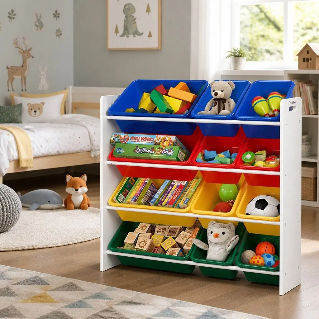 Kids Toy Box Storage Organiser Colourful 4-Tier Rack with 12 Bins