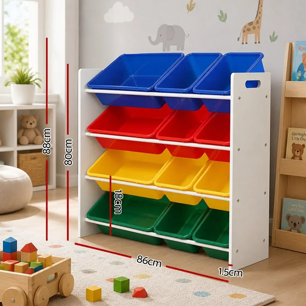 Kids Toy Box Storage Organiser Colourful 4-Tier Rack with 12 Bins