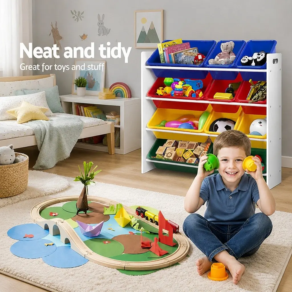 Kids Toy Box Storage Organiser Colourful 4-Tier Rack with 12 Bins