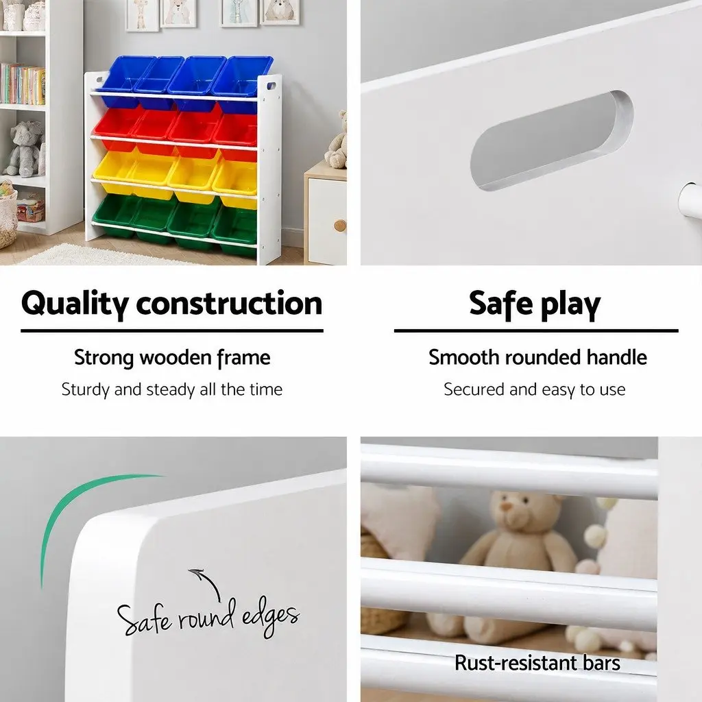 Kids Toy Box Storage Organiser Colourful 4-Tier Rack with 12 Bins
