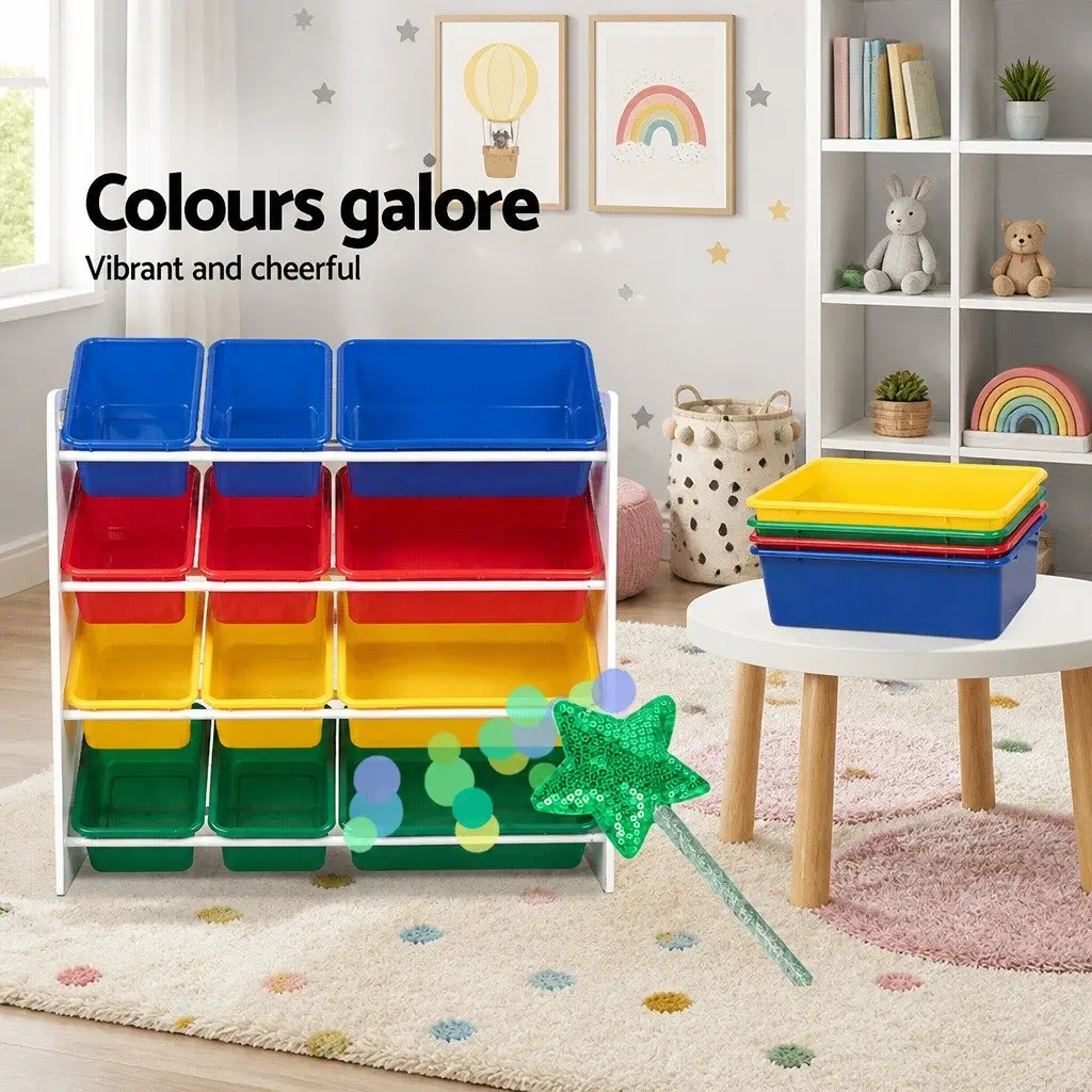 Kids Toy Box Storage Organiser Colourful 4-Tier Rack with 12 Bins