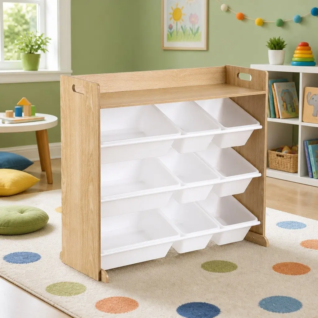 Kids Toy Box Organiser White Wooden 4-Tier Storage Rack with 9 Bins and Open Shelving for Easy Toy and Book Access