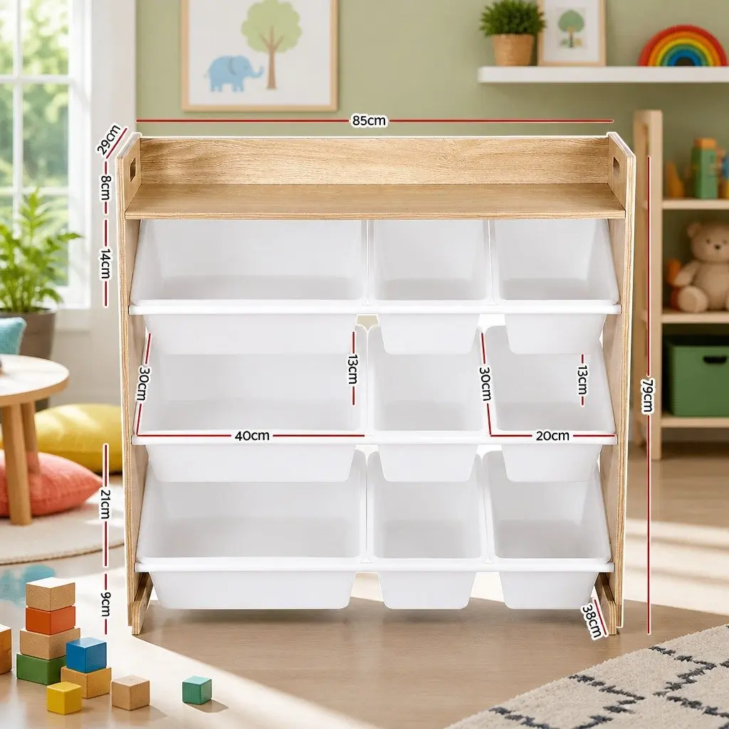Kids Toy Box Organiser White Wooden 4-Tier Storage Rack with 9 Bins and Open Shelving for Easy Toy and Book Access