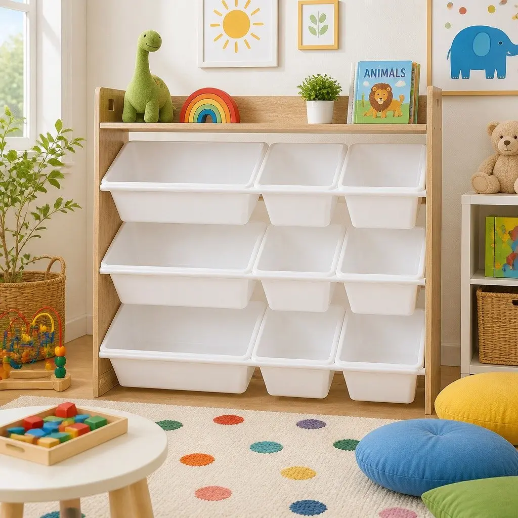 Kids Toy Box Organiser White Wooden 4-Tier Storage Rack with 9 Bins and Open Shelving for Easy Toy and Book Access