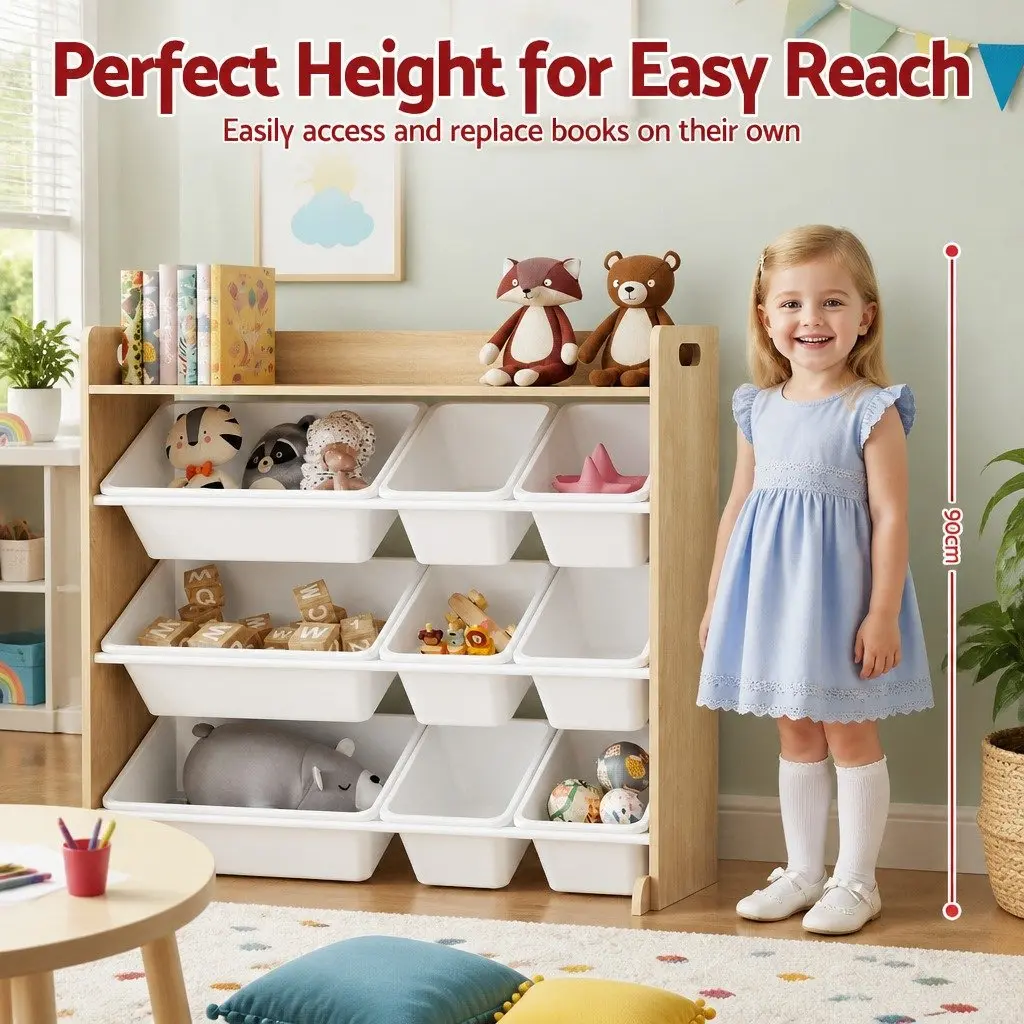 Kids Toy Box Organiser White Wooden 4-Tier Storage Rack with 9 Bins and Open Shelving for Easy Toy and Book Access
