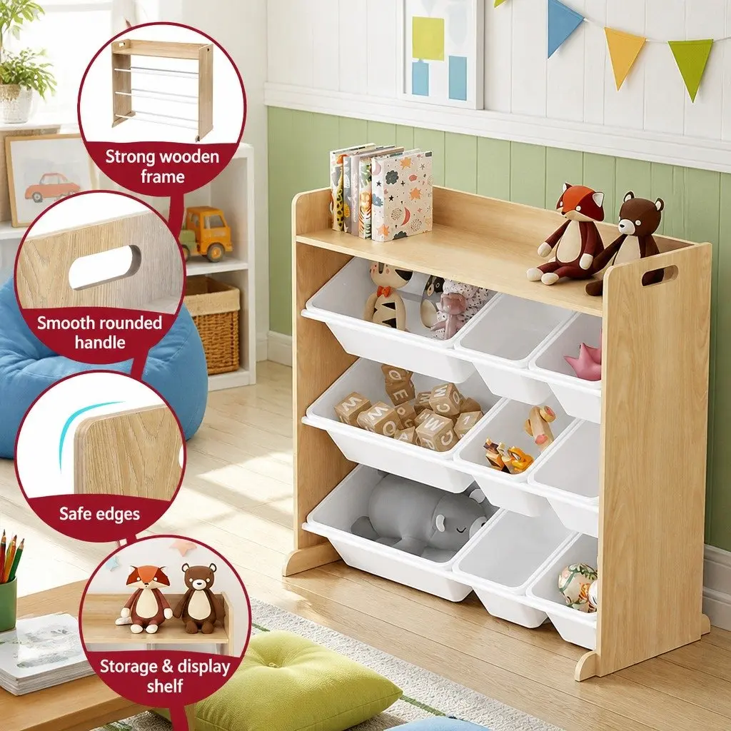 Kids Toy Box Organiser White Wooden 4-Tier Storage Rack with 9 Bins and Open Shelving for Easy Toy and Book Access