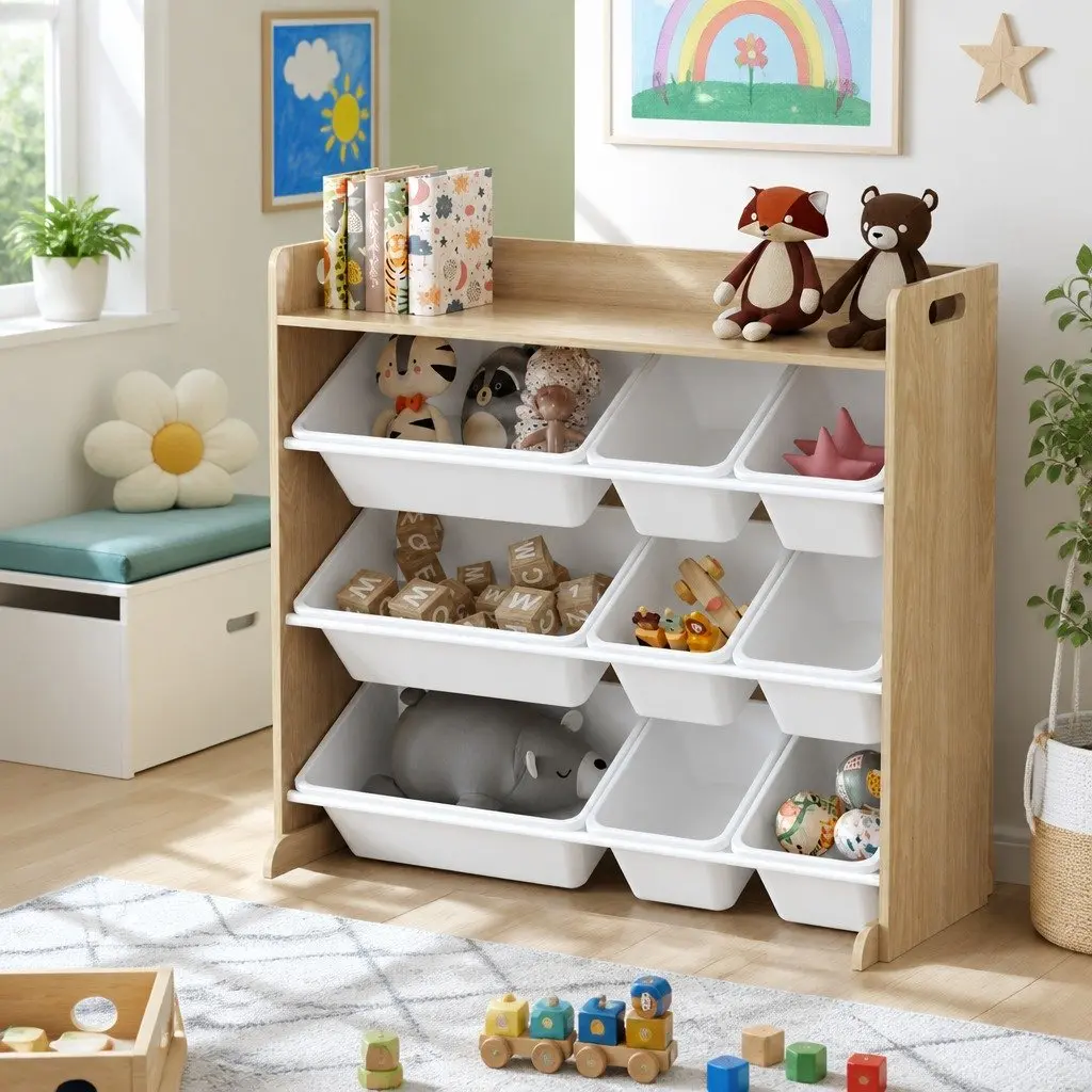 Kids Toy Box Organiser White Wooden 4-Tier Storage Rack with 9 Bins and Open Shelving for Easy Toy and Book Access