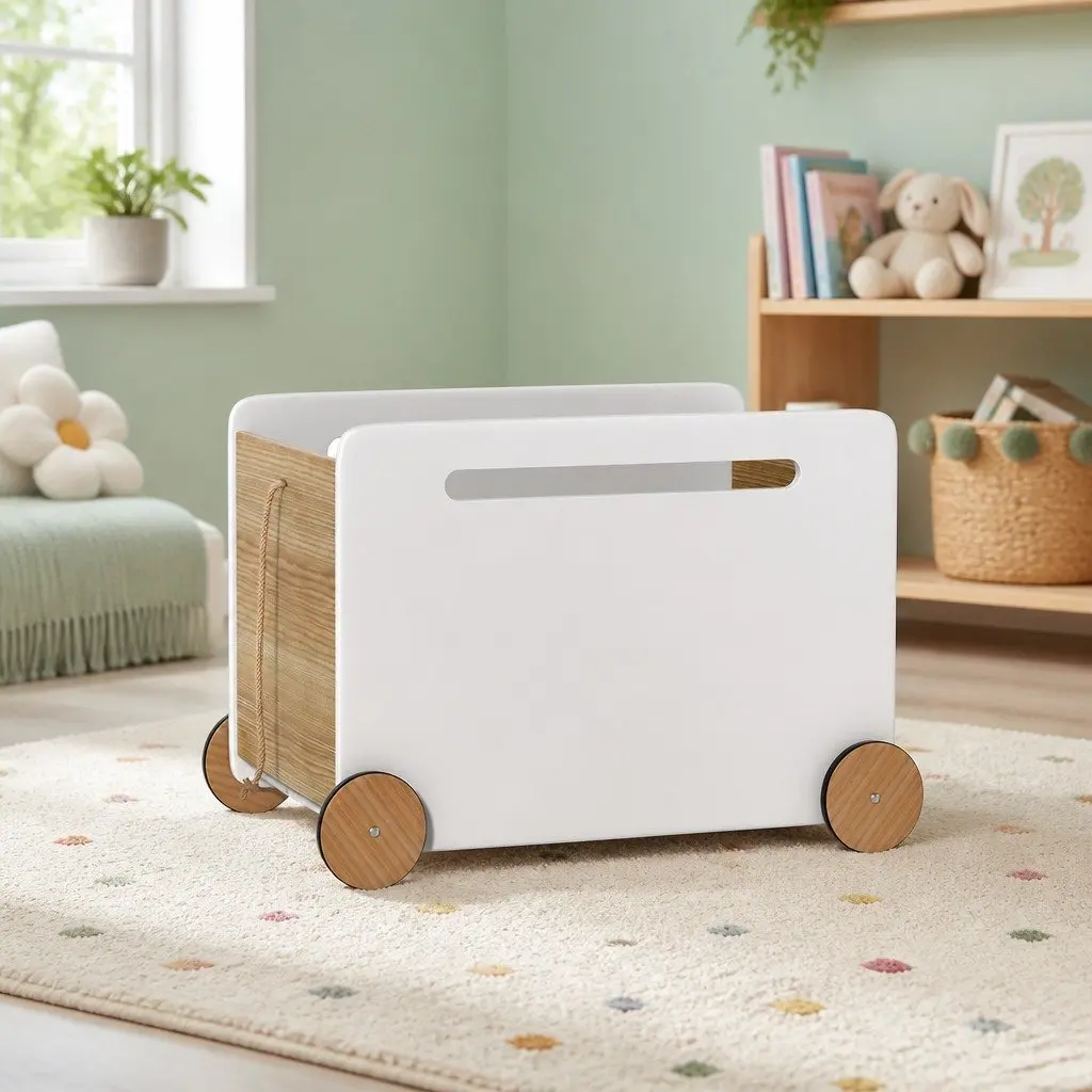 Toy Box White Portable Storage Container with Wheels and Rope for Kids