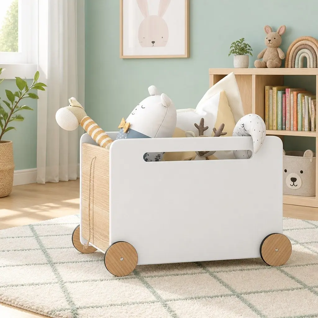 Toy Box White Portable Storage Container with Wheels and Rope for Kids