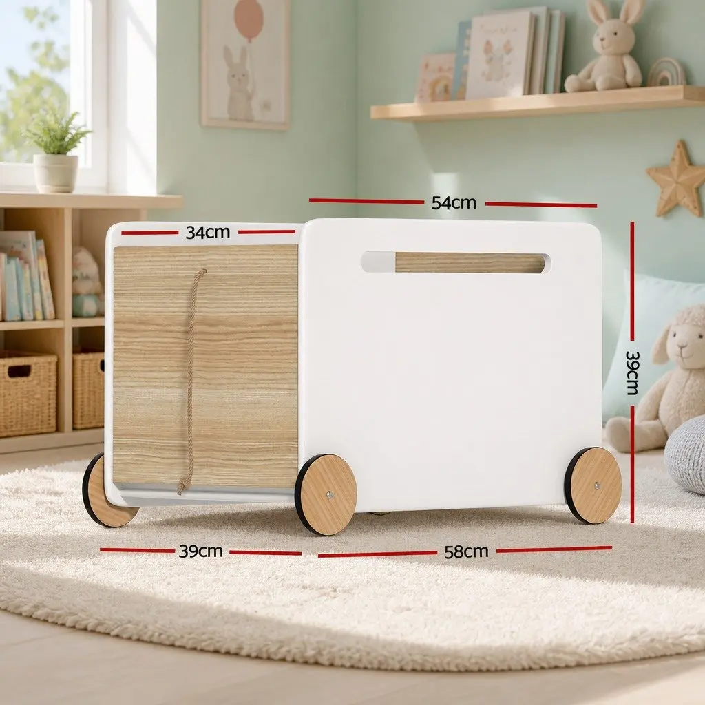 Toy Box White Portable Storage Container with Wheels and Rope for Kids