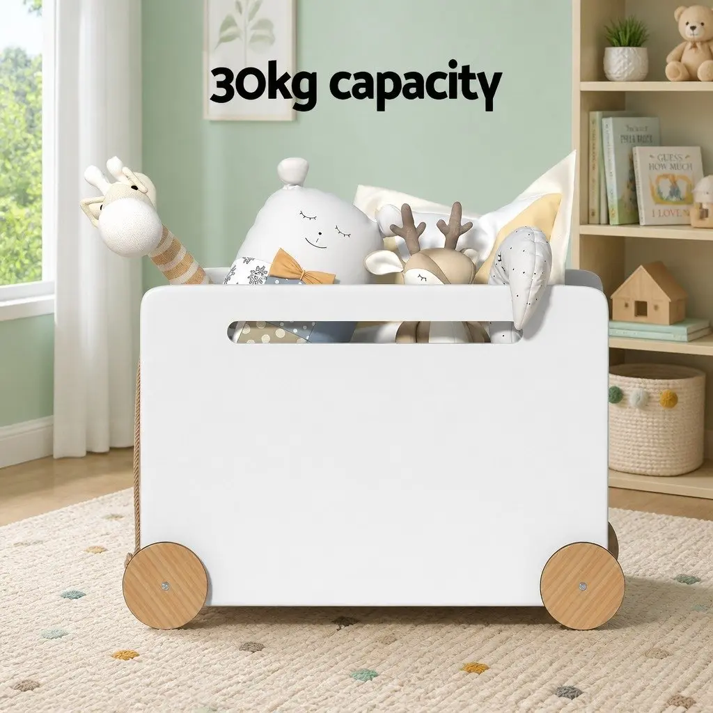 Toy Box White Portable Storage Container with Wheels and Rope for Kids
