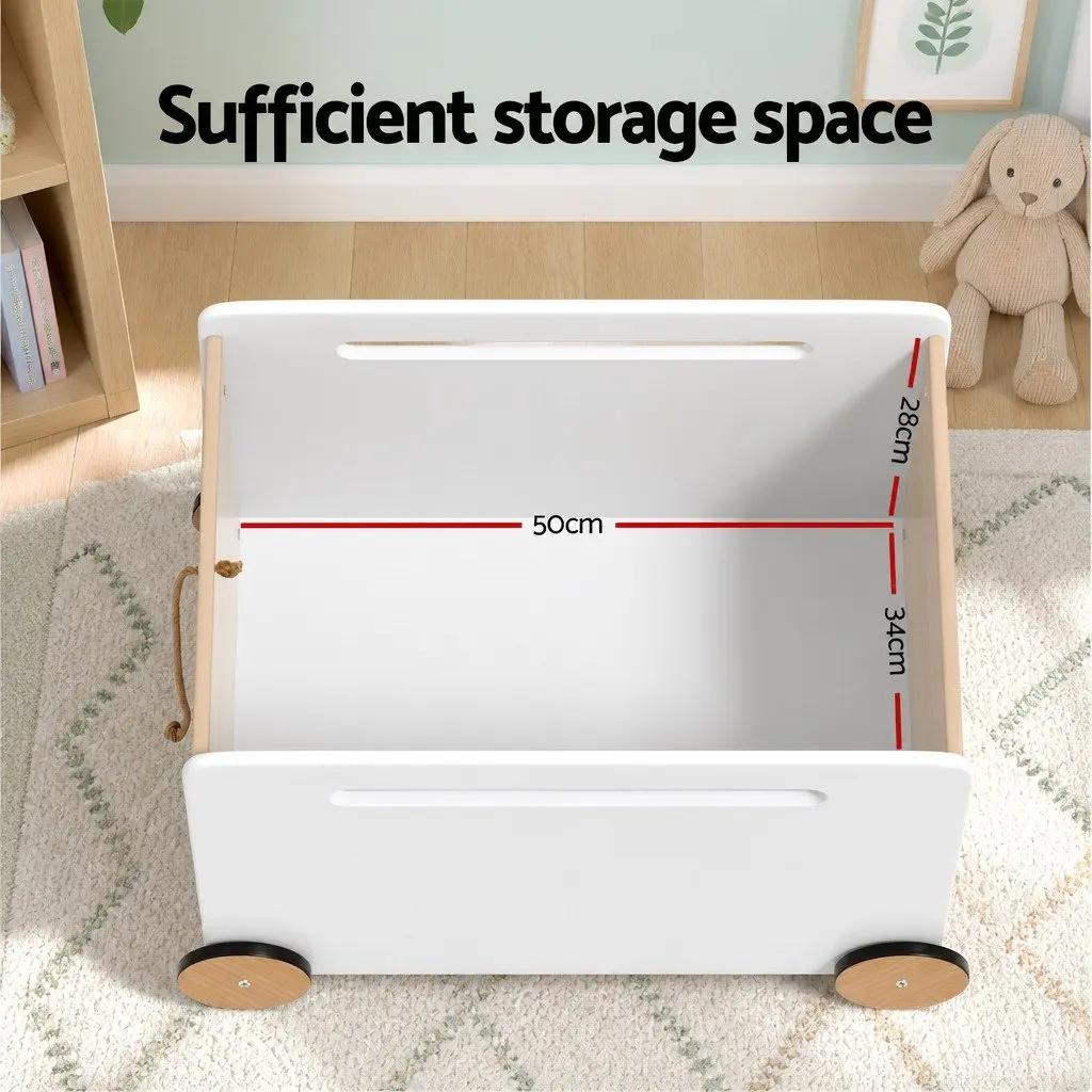 Toy Box White Portable Storage Container with Wheels and Rope for Kids