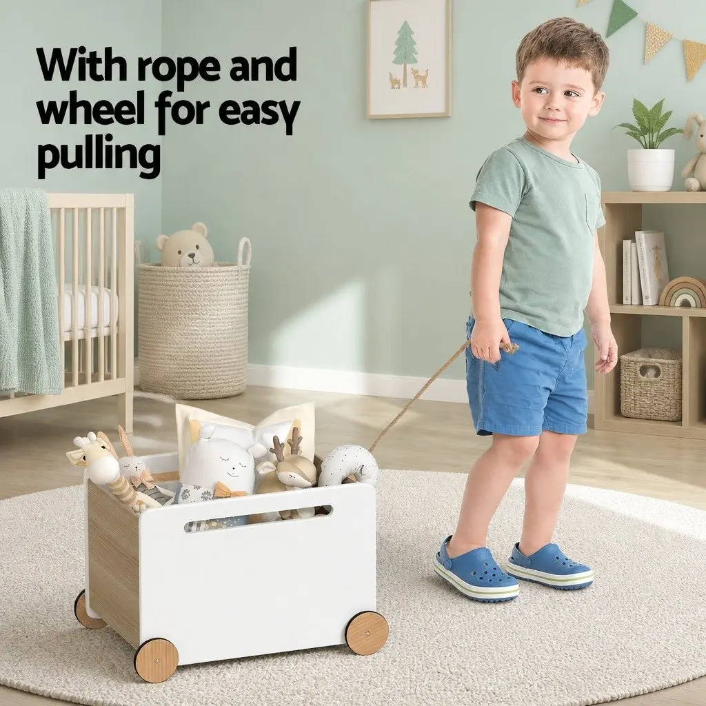 Toy Box White Portable Storage Container with Wheels and Rope for Kids