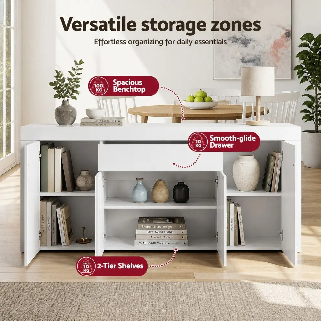 Buffet Sideboard Cabinet 180cm White Storage Cupboard Pantry Drawer Push-Open