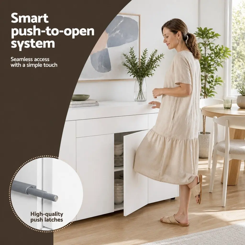 Buffet Sideboard Cabinet 180cm White Storage Cupboard Pantry Drawer Push-Open