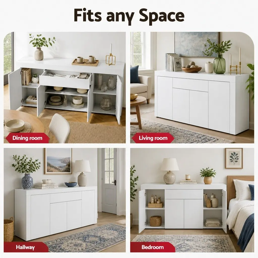 Buffet Sideboard Cabinet 180cm White Storage Cupboard Pantry Drawer Push-Open
