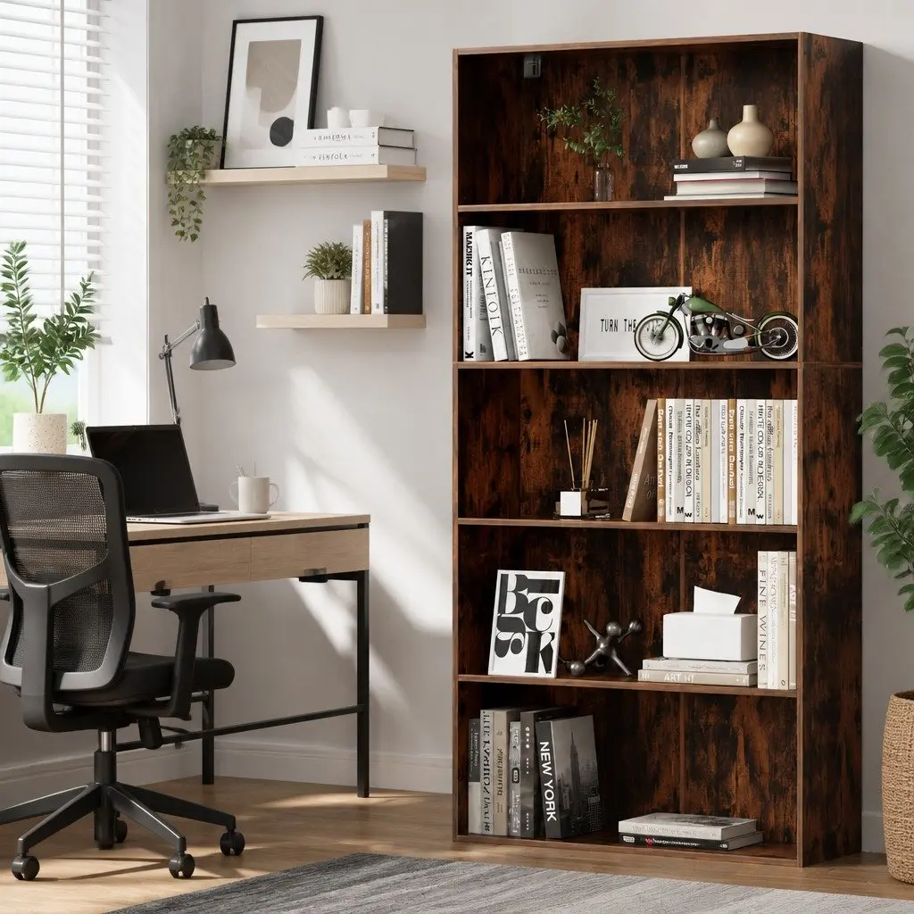 5-Tier Bookshelf Brown Adjustable Shelves Storage Display Cabinet Living Room Organiser