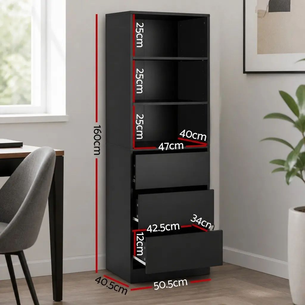 Tallboy Chest of Drawers Black 3 Shelves Adjustable Storage Bedroom Dresser