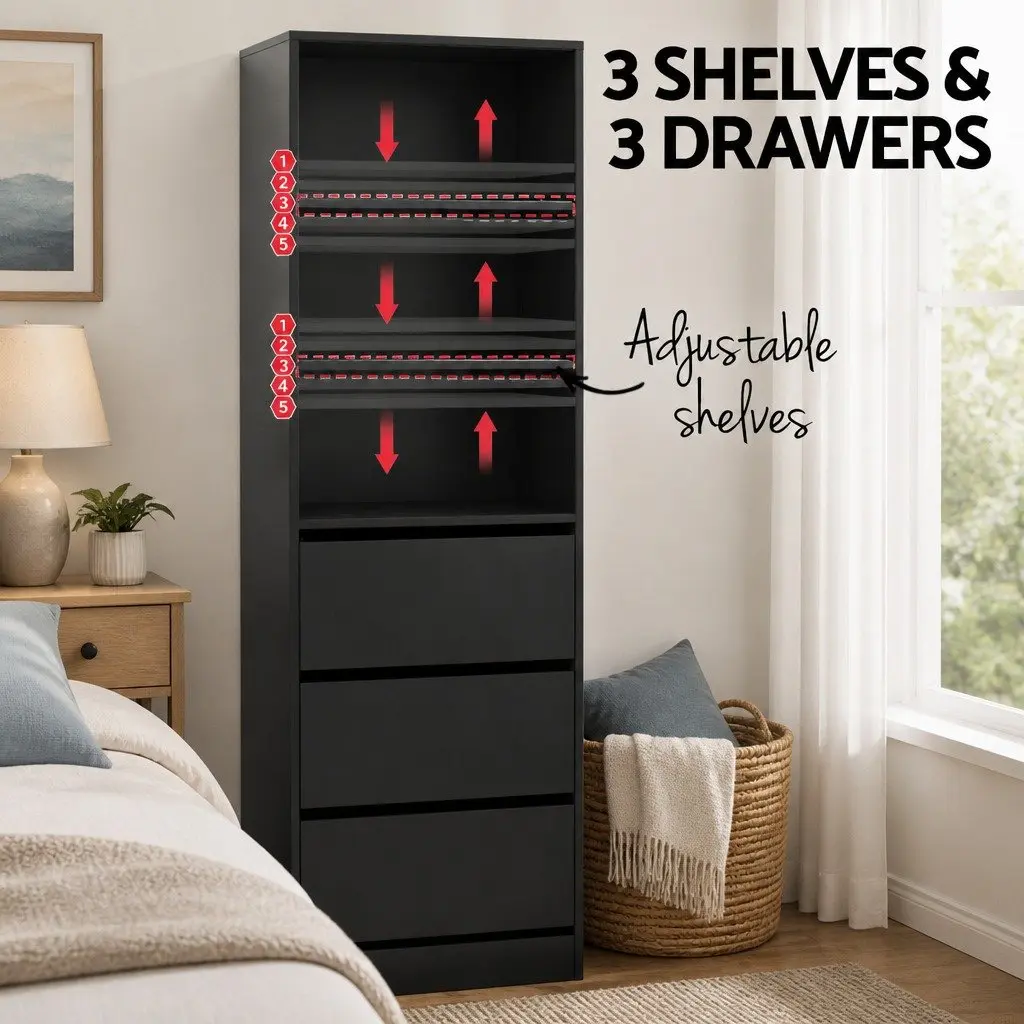 Tallboy Chest of Drawers Black 3 Shelves Adjustable Storage Bedroom Dresser