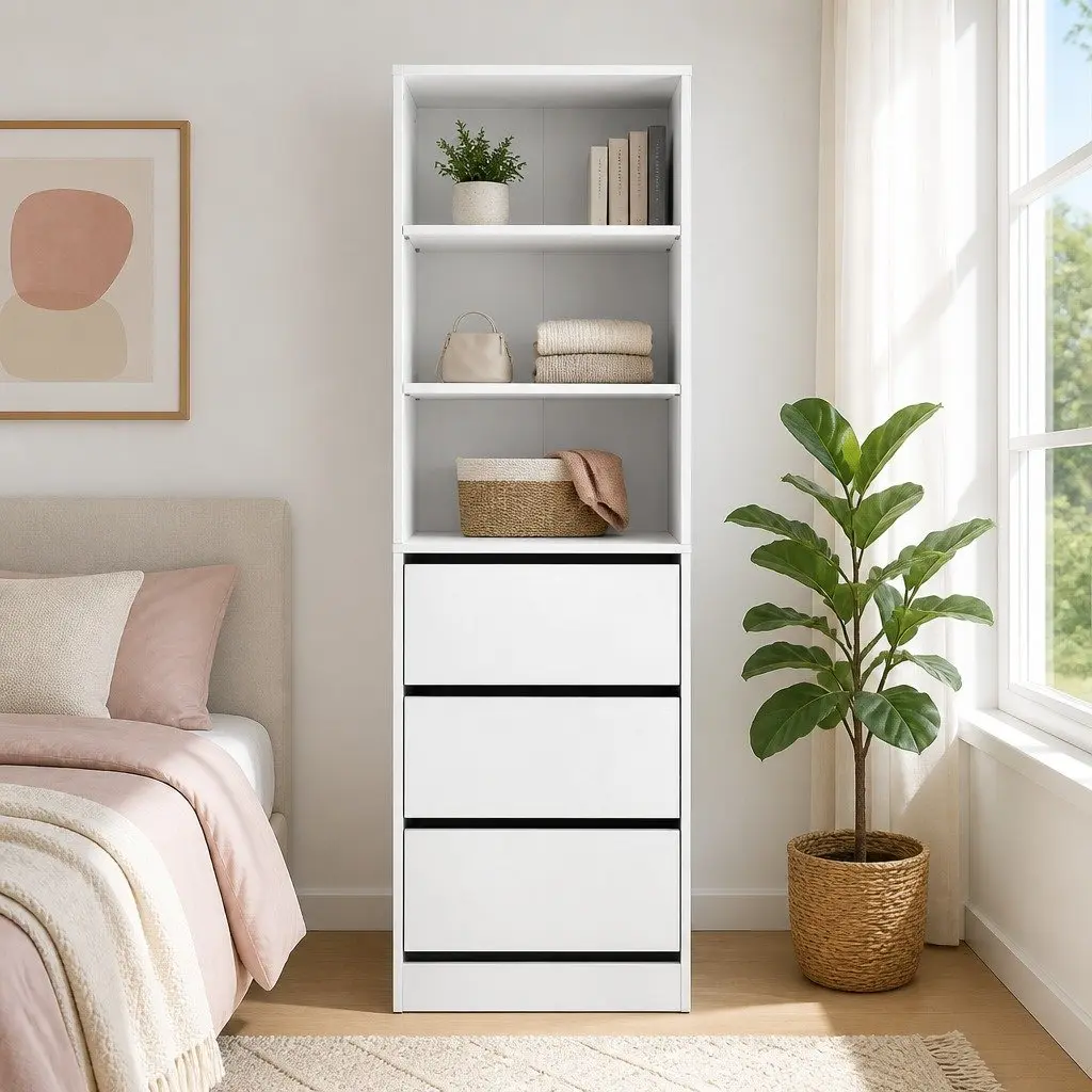 3 Drawer Chest of Drawers White Tallboy Storage Cabinet Bedroom Dresser