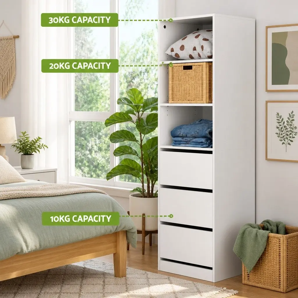 3 Drawer Chest of Drawers White Tallboy Storage Cabinet Bedroom Dresser