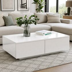 Coffee Table with 4 Drawers White Storage Living Room Furniture Contemporary