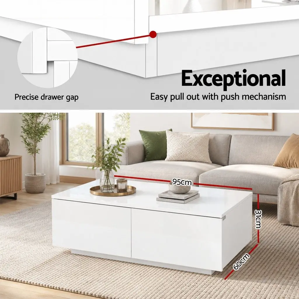 Coffee Table with 4 Drawers White Storage Living Room Furniture Contemporary
