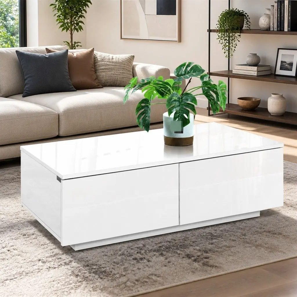 Coffee Table with 4 Drawers White Storage Living Room Furniture Contemporary