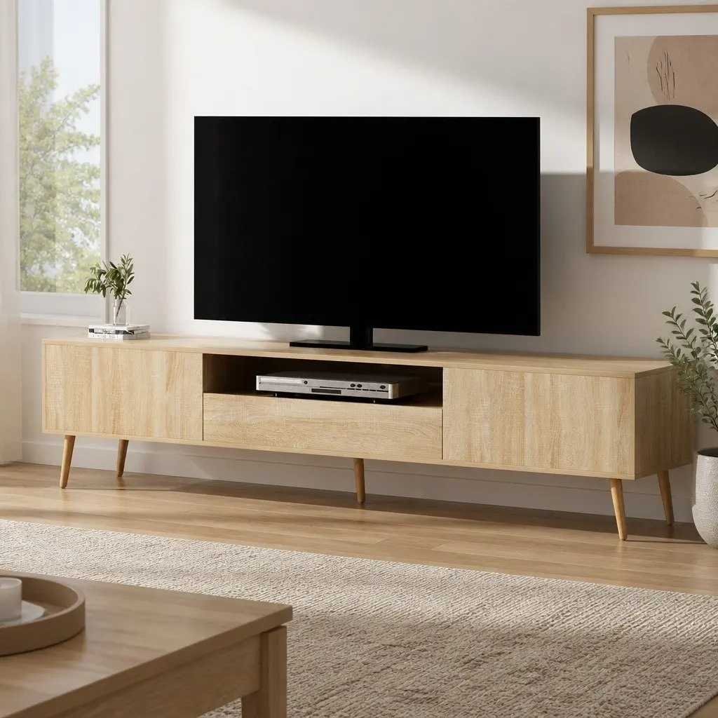 TV Entertainment Unit 200CM Storage Cabinet Drawers Natural Wood Open Shelf