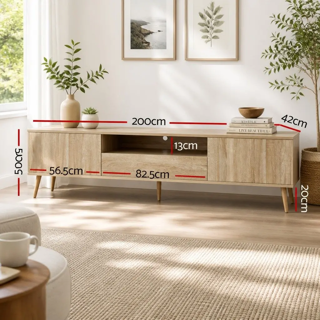 TV Entertainment Unit 200CM Storage Cabinet Drawers Natural Wood Open Shelf