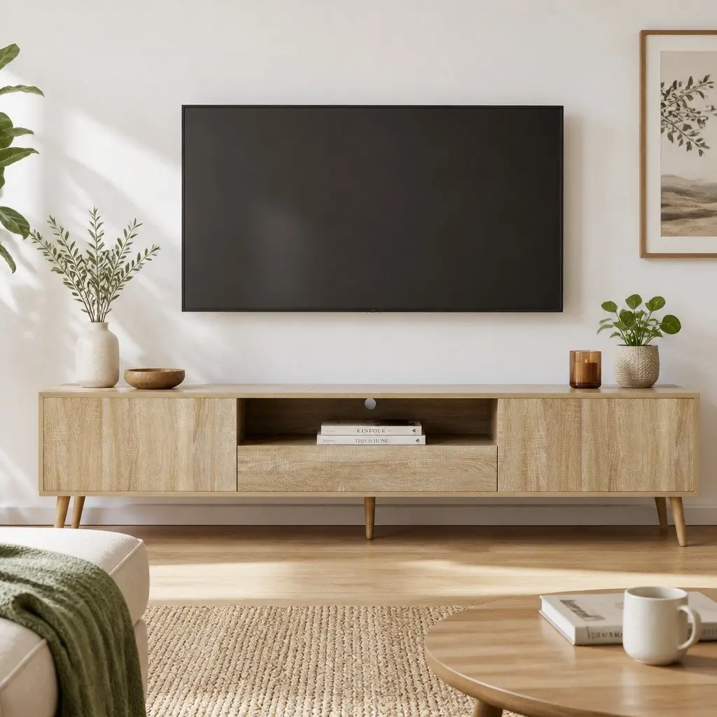 TV Entertainment Unit 200CM Storage Cabinet Drawers Natural Wood Open Shelf
