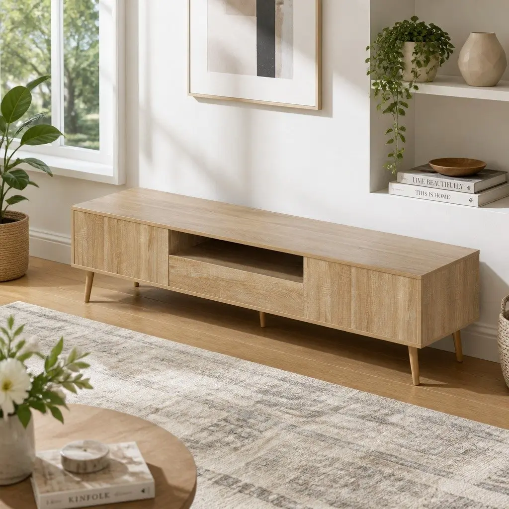 TV Entertainment Unit 200CM Storage Cabinet Drawers Natural Wood Open Shelf