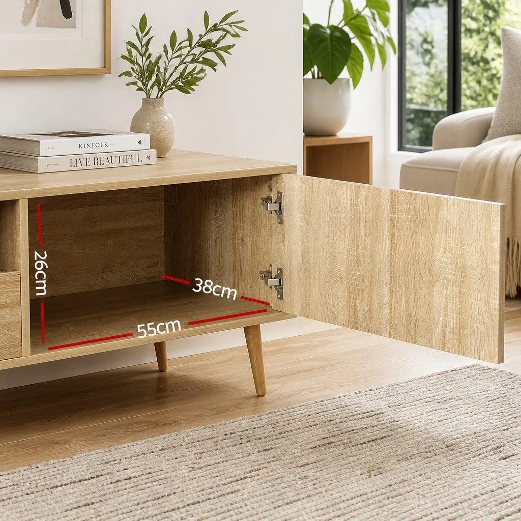TV Entertainment Unit 200CM Storage Cabinet Drawers Natural Wood Open Shelf