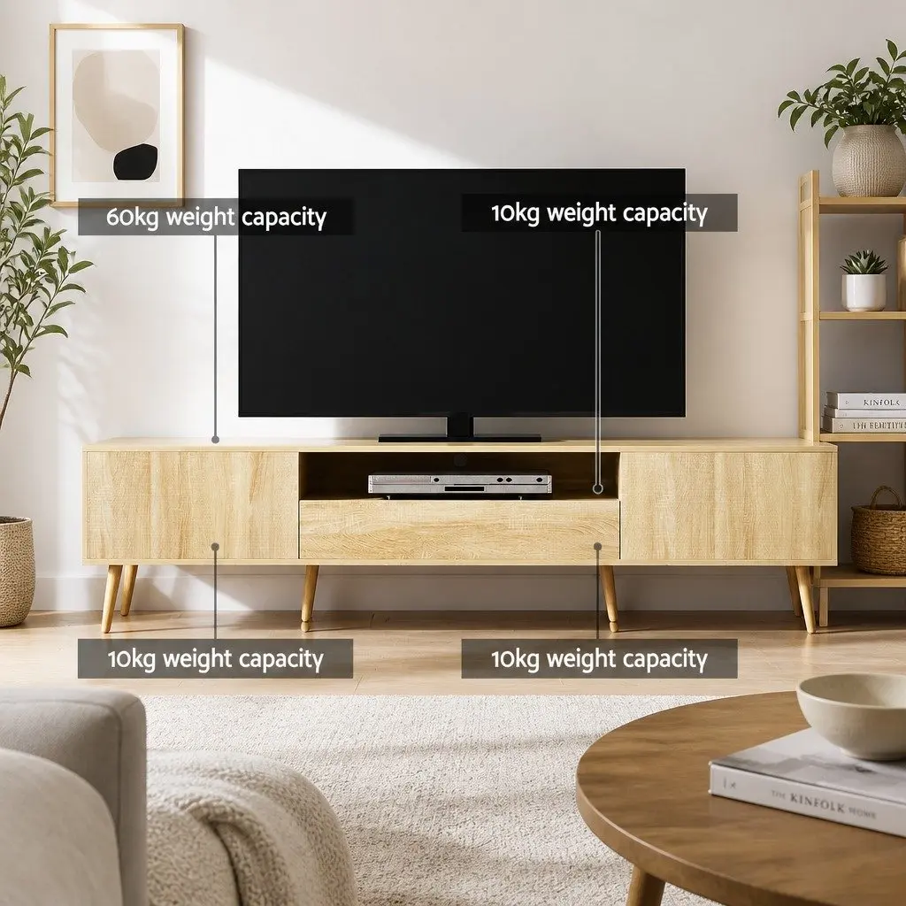 TV Entertainment Unit 200CM Storage Cabinet Drawers Natural Wood Open Shelf