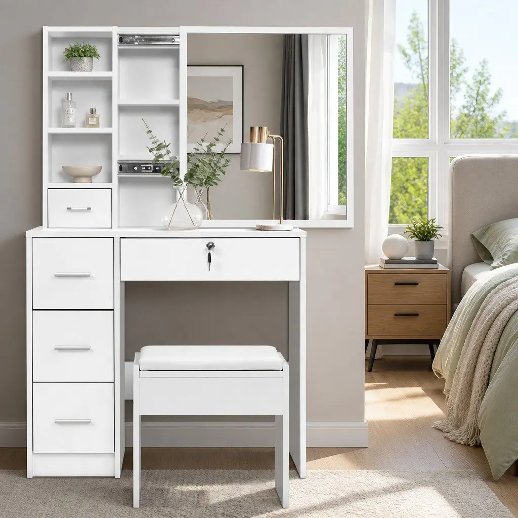 Dressing Table Stool Set Sliding Mirror White Bedroom Vanity Storage Drawers