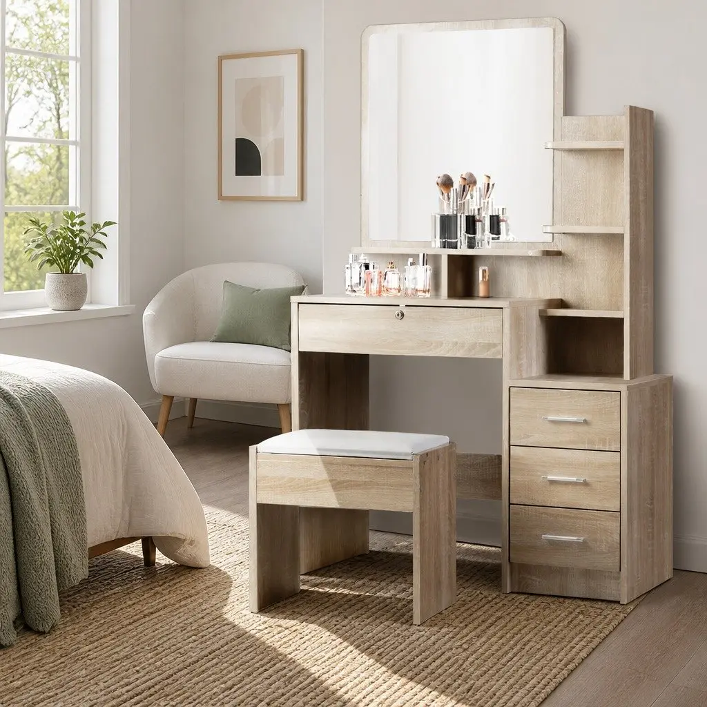 Dressing Table Set Oak 4 Drawers Vanity with Mirror and Stool Storage Shelves