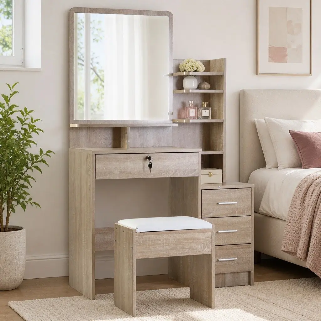 Dressing Table Set Oak 4 Drawers Vanity with Mirror and Stool Storage Shelves