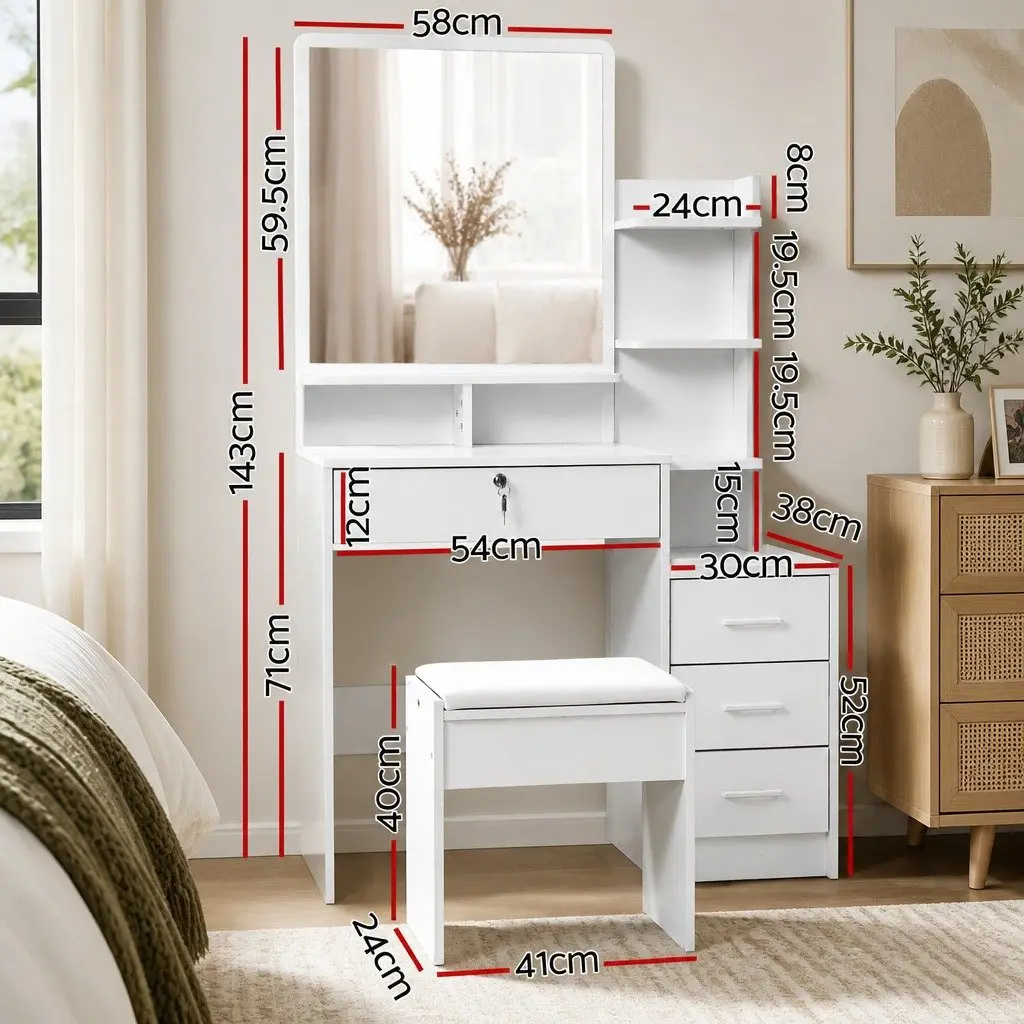 Dressing Table White 88cm 4 Drawers Sturdy Construction with Stool