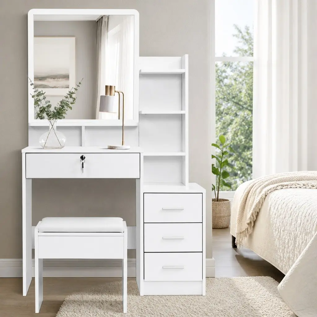 Dressing Table White 88cm 4 Drawers Sturdy Construction with Stool