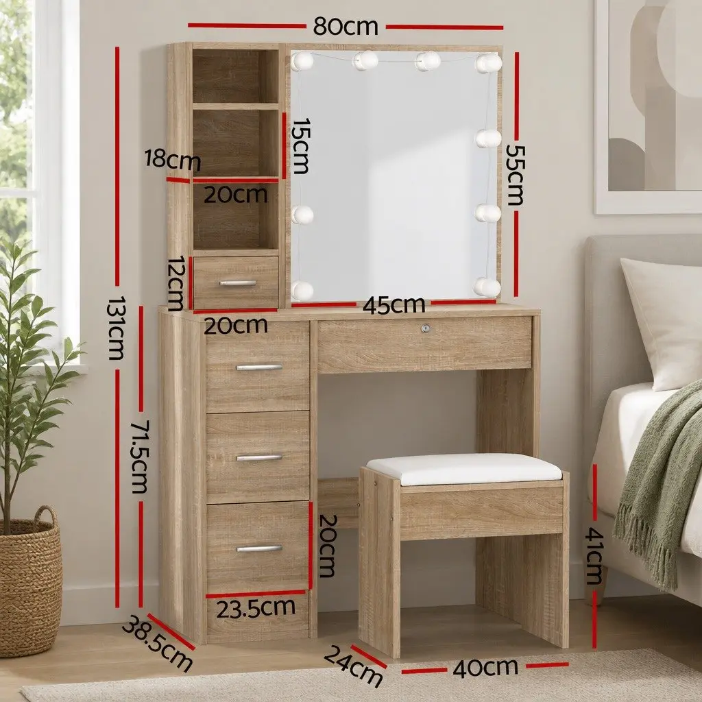 Dressing Table Set Wood 80cm Hollywood Mirror with 10 LED Bulbs and Stool
