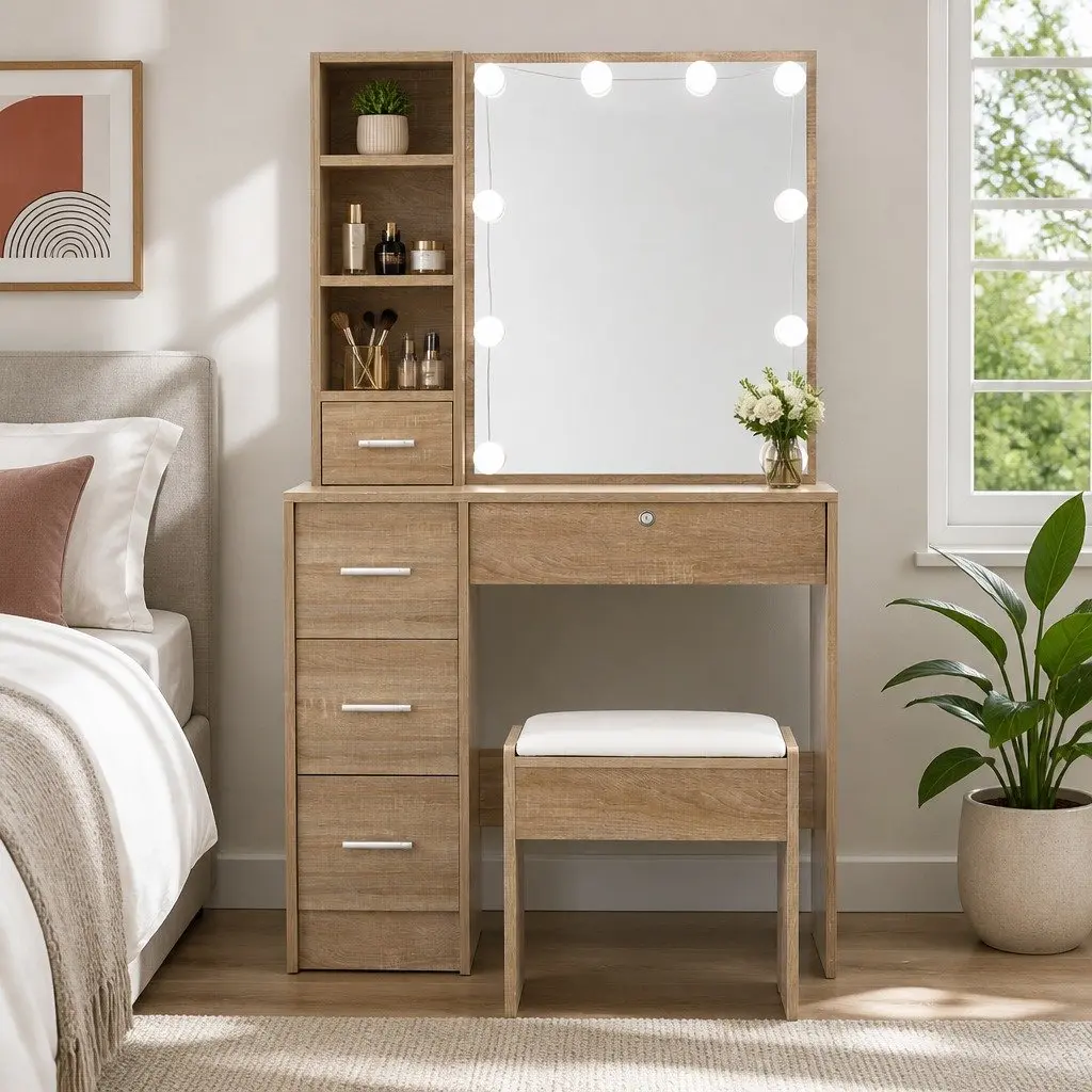 Dressing Table Set Wood 80cm Hollywood Mirror with 10 LED Bulbs and Stool