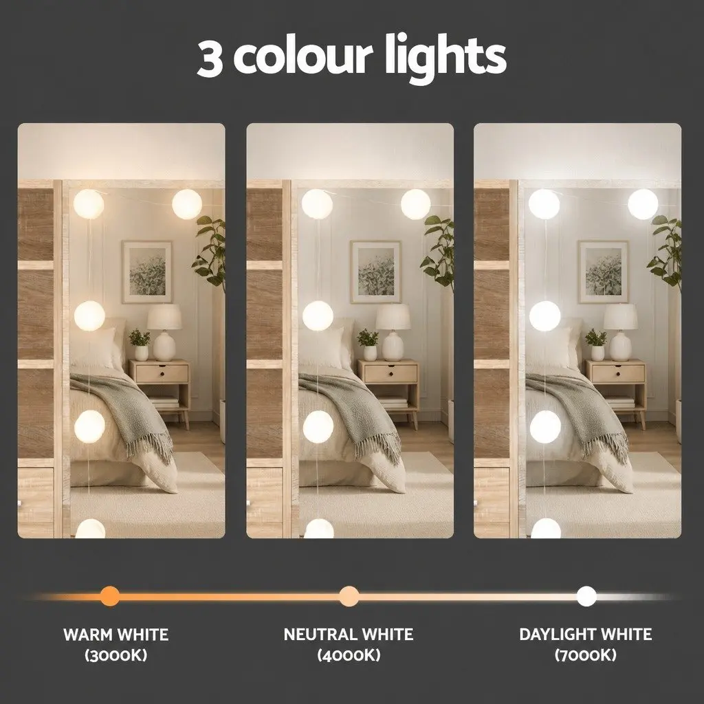 Dressing Table Set Wood 80cm Hollywood Mirror with 10 LED Bulbs and Stool